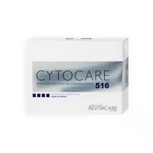 A white box labeled "CYTOCARE 502" contains hyaluronic acid and a rejuvenating complex. Text indicates it is made in France by Laboratoire Revitacare. The packaging features a silver and purple design.