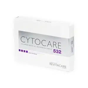 A white box labeled "CYTOCARE 502" with purple accents, indicating it contains hyaluronic acid and a rejuvenating complex. The box also shows it's made by Laboratoire Revitacare in France.