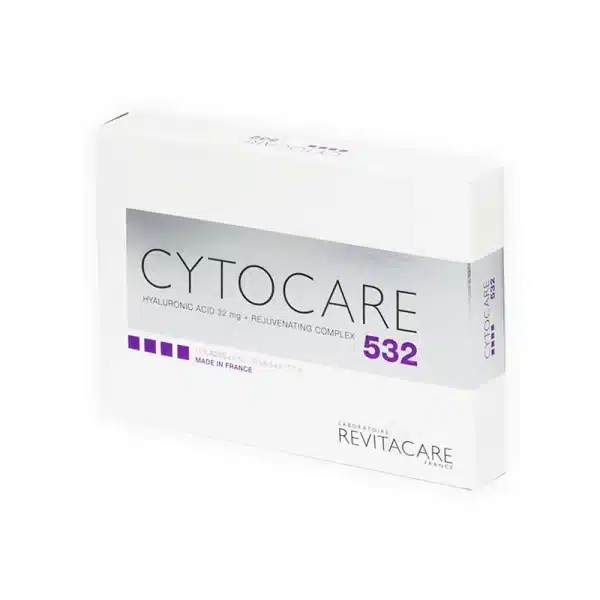 A white box labeled "CYTOCARE 502" with purple accents, indicating it contains hyaluronic acid and a rejuvenating complex. The box also shows it's made by Laboratoire Revitacare in France.