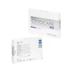 Two white boxes labeled "CYTOCARE 502" with purple accents. One displays the front branding, while the other shows the back with product details, instructions, and multilingual text.