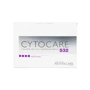A white box labeled "CYTOCARE 502" with silver and purple accents, containing hyaluronic acid and rejuvenating complex by Laboratoire Revitacare France.