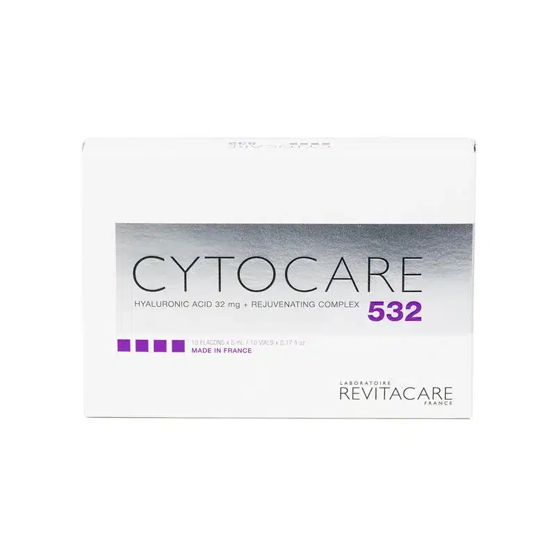 A white box labeled "CYTOCARE 502" with silver and purple accents, containing hyaluronic acid and