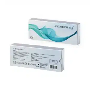 Two white boxes of REVOFIL AQUASHINE PTX, positioned to show both the front and back. The front has teal wave graphics and "REVOFIL AQUASHINE PTX" text. The back displays detailed product information, including specifications, certifications, and usage instructions.