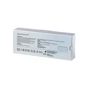 The image shows the back of a rectangular box labeled "REVOFIL AQUASHINE PTX." The packaging includes instructions, details about the product, and various icons and symbols, such as recycling and caution symbols. The box is predominantly white with black text.