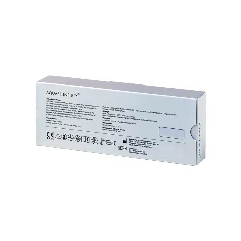 The image shows the back of a rectangular box labeled "REVOFIL AQUASHINE PTX." The packaging