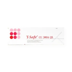 A white box labeled "SMB® TCu 380A with Safeload" featuring a design with red dots on the left side and text indicating it contains one intrauterine device (IUD).