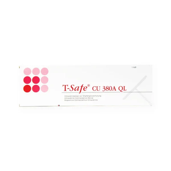 A white box labeled "SMB® TCu 380A with Safeload" featuring a design with red dots on the left side and text indicating it contains one intrauterine device (IUD).