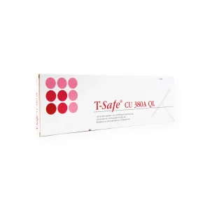 A rectangular white box with red circular designs on the left side, labeled "SMB® TCu 380A with Safeload". Text on the box is in multiple languages, and there is an image of a T-shaped intrauterine device (IUD) on the right side.