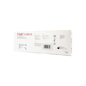 The image features the packaging of a SMB® TCu 380A with Safeload intrauterine contraceptive device. The packaging is white with red text and includes various instructions and a barcode on the front side.