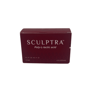 A maroon box labeled "SCULPTRA® 2 vials" containing Poly-L-lactic acid by Galderma.
