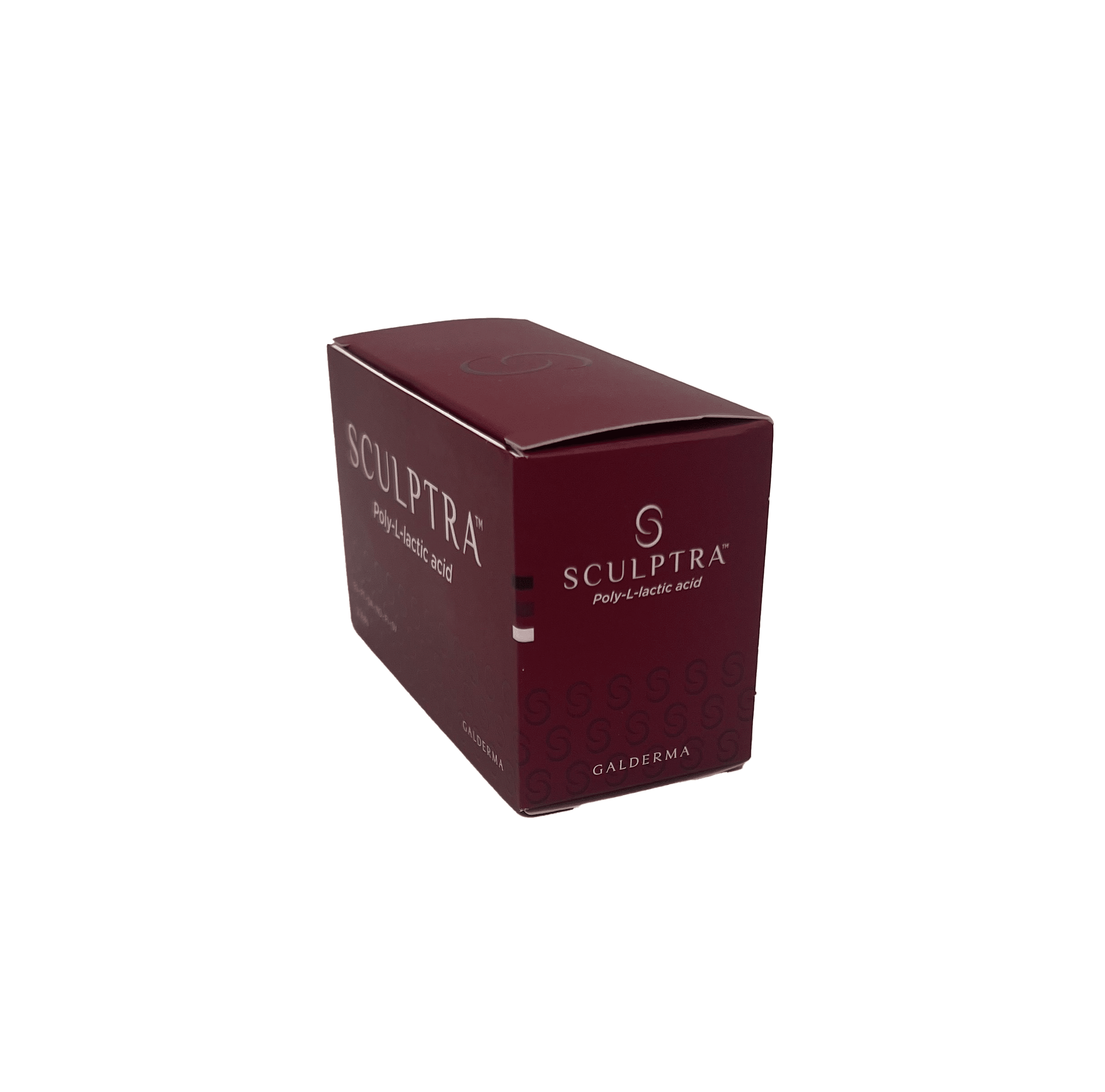 A box in maroon featuring the product name "SCULPTRA® 2 vials" and "Poly-L-lactic acid" in white