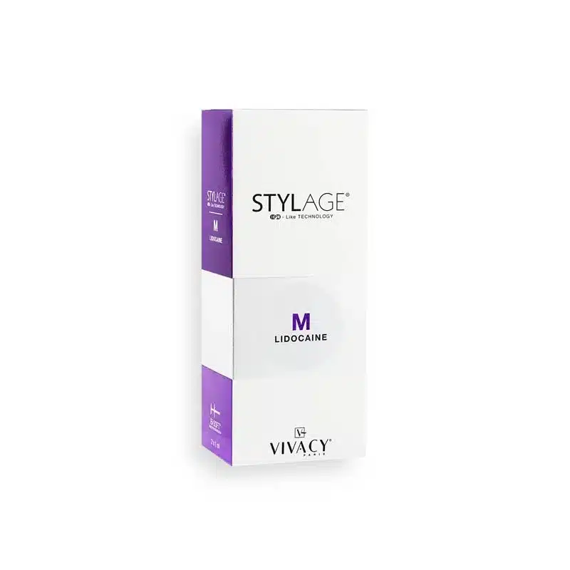 A white and purple box labeled "STYLAGE® M BI-SOFT® with Lidocaine" featuring "VIVACY" branding