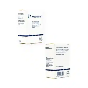 Two boxes of XEOMIN® 100u are displayed. The boxes are white with blue text and accents. The front box shows the product name and logo, while the back box displays detailed product information.