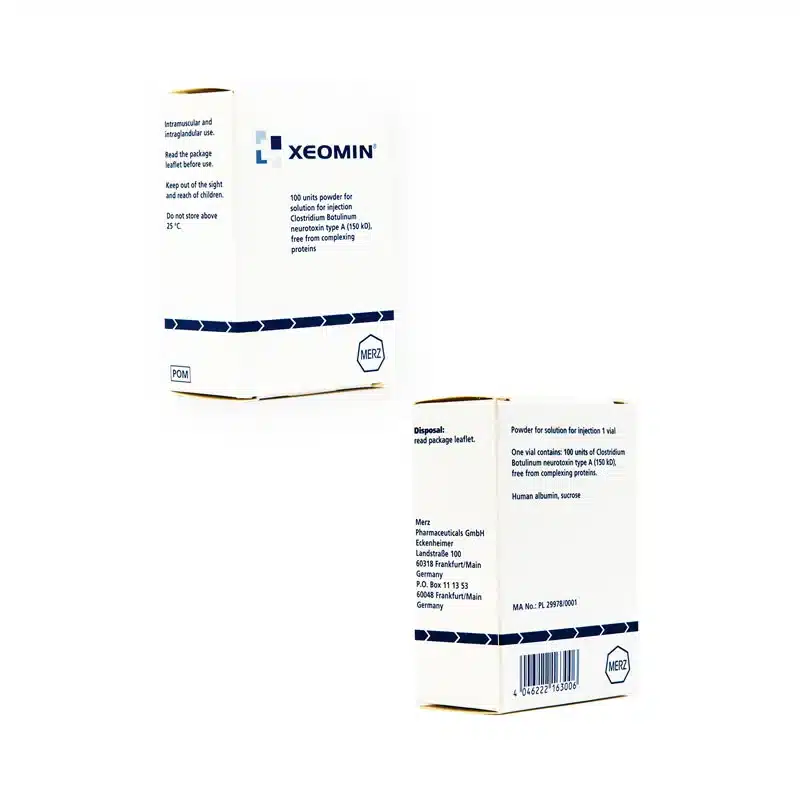 Two boxes of XEOMIN® 100u are displayed. The boxes are white with blue text and accents. The front