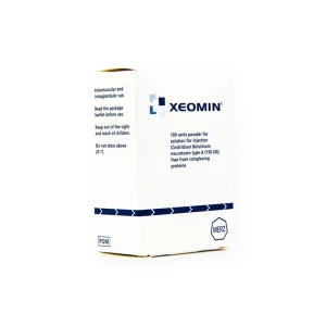 A white package labeled "XEOMIN® 100u" in blue text, containing 100 units of Clostridium Botulinum neurotoxin type A for injection, includes instructions for intramuscular use and storage guidelines.