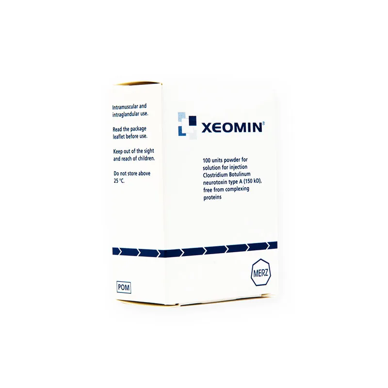 A white package labeled "XEOMIN® 100u" in blue text, containing 100 units of Clostridium Botulinum