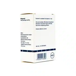 A white pharmaceutical box labeled "Powder for solution for injection" detailing Clostridium botulinum toxin type A, includes manufacturer info and a barcode, branded as XEOMIN® 100u.