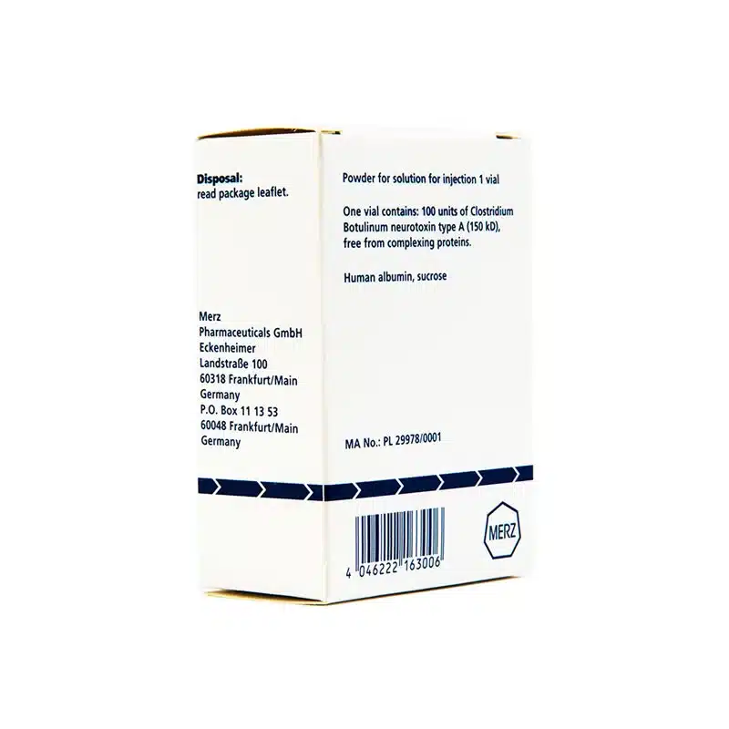A white pharmaceutical box labeled "Powder for solution for injection" detailing Clostridium