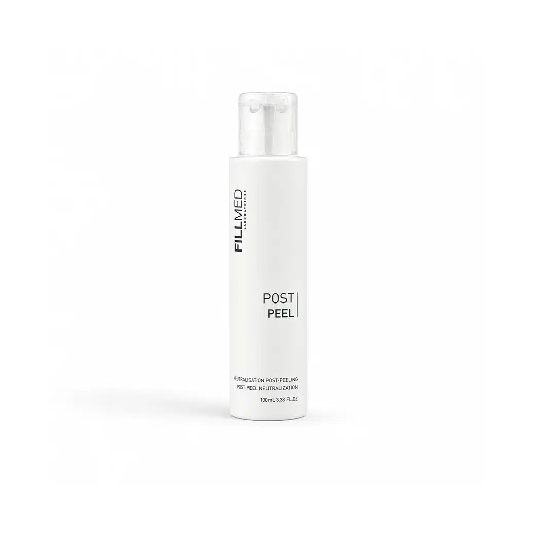 A 100 ml white bottle of FILLMED® POST PEEL Neutralizer with a pump dispenser, standing upright against a plain white background.