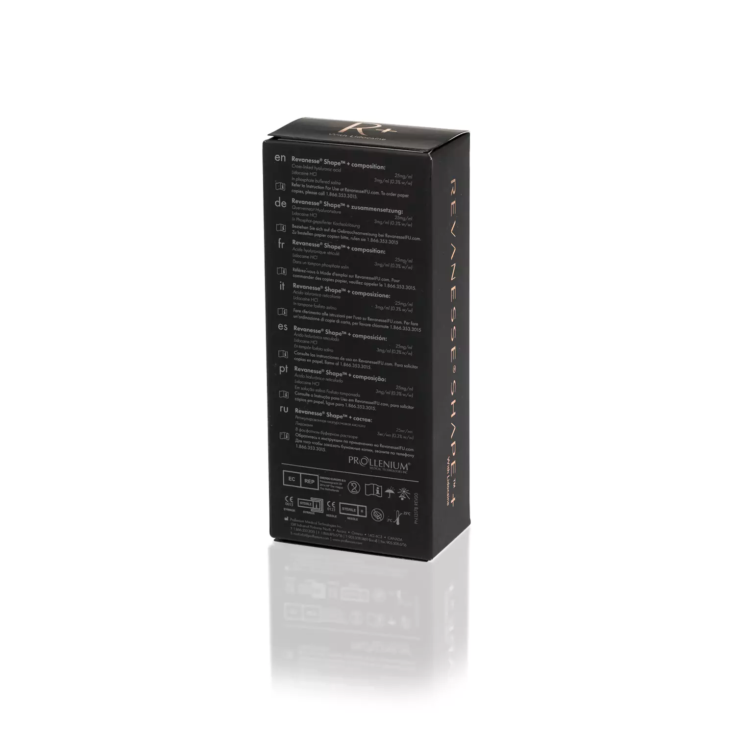 A black rectangular REVANESSE® SHAPE+™ with Lidocaine box showcasing text and instructions in