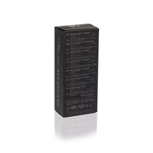 A tall, rectangular black box stands upright against a plain white background. The box features gold and white text on one side listing product information in multiple languages. The words "REVANESSE® SHAPE+™ with Lidocaine" are visible on the side.