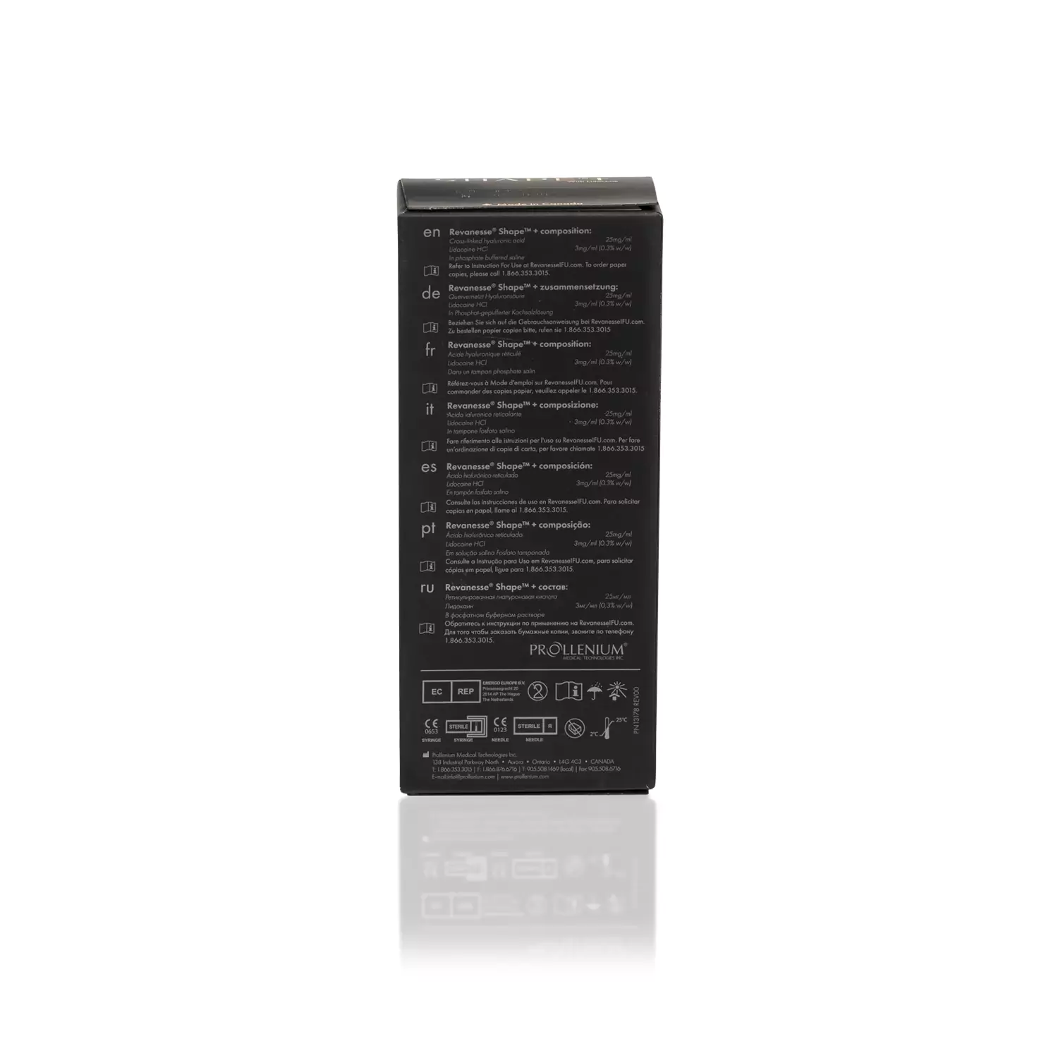 A black REVANESSE® SHAPE+™ with Lidocaine packaging box with various instructions and details