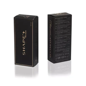 Two black boxes of "REVANESSE® SHAPE+™ with Lidocaine" by Revanesse are shown, with one box displaying the front view and the other showing the back. The front is labeled "REVANESSE® SHAPE+™ with Lidocaine" with gold accents, while the back lists ingredients and product information.