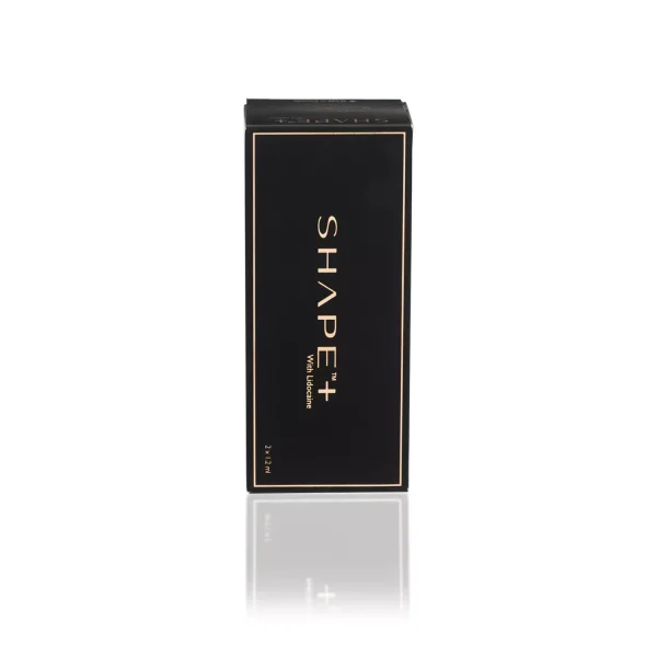 A black rectangular product box with the word "REVANESSE® SHAPE+™ with Lidocaine" written vertically in gold lettering on the front. The box has gold trim along the edges and includes "15ml / 3.3 fl oz" written at the bottom. The reflection of the box is slightly visible below it.
