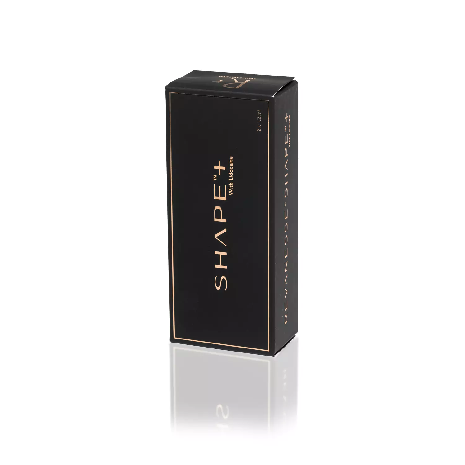 A sleek black rectangular box with gold accents and text that reads "REVANESSE® SHAPE+™ with