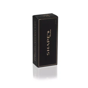 A sleek, black rectangular box standing upright against a white background. The box features minimalistic gold text that reads "REVANESSE® SHAPE+™ with Lidocaine" accompanied by additional small text details. The clean design gives a modern, elegant appearance.