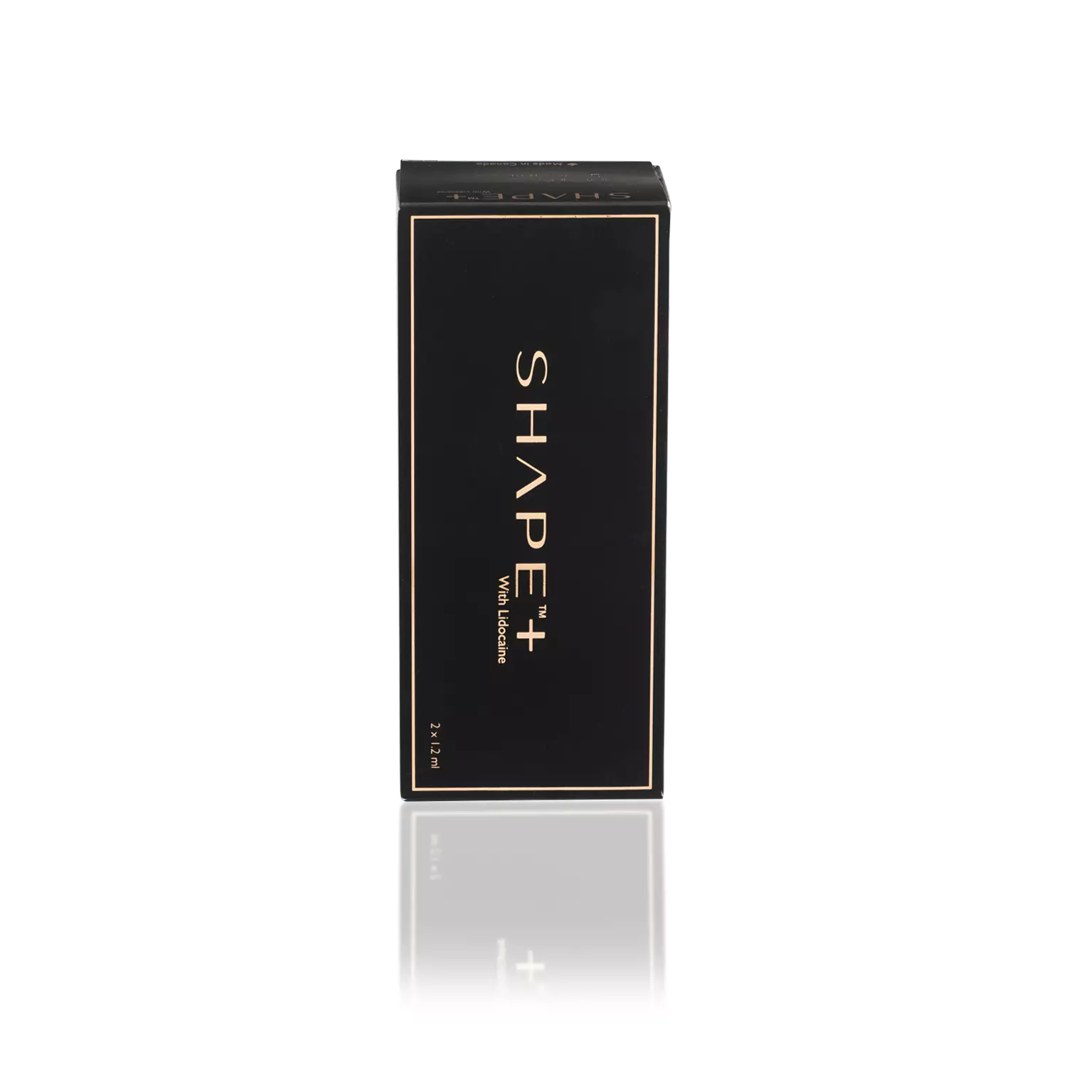A black rectangular product box with the word "REVANESSE® SHAPE+™ with Lidocaine" written vertically in gold lettering on the front. The box has gold trim along the edges and includes "15ml / 3.3 fl oz" written at the bottom. The reflection of the box is slightly visible below it.