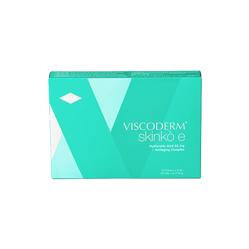 A turquoise and white box labeled "VISCODERM® SKINKÒ E + VISCODERM® SKINKÒ KIT" with "Hyaluronic