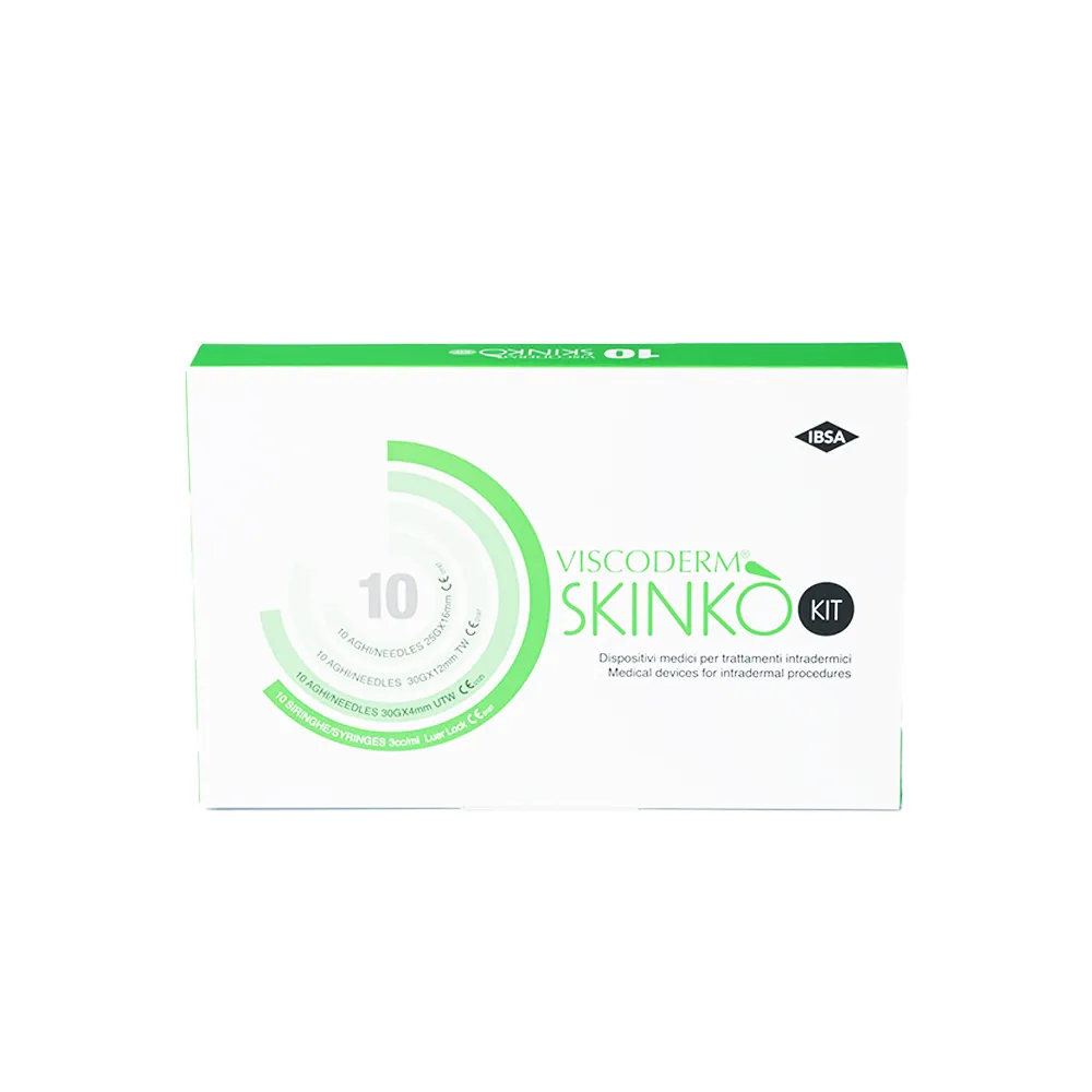 A white and green box labeled "VISCODERM® SKINKÒ E + VISCODERM® SKINKÒ KIT" features circular
