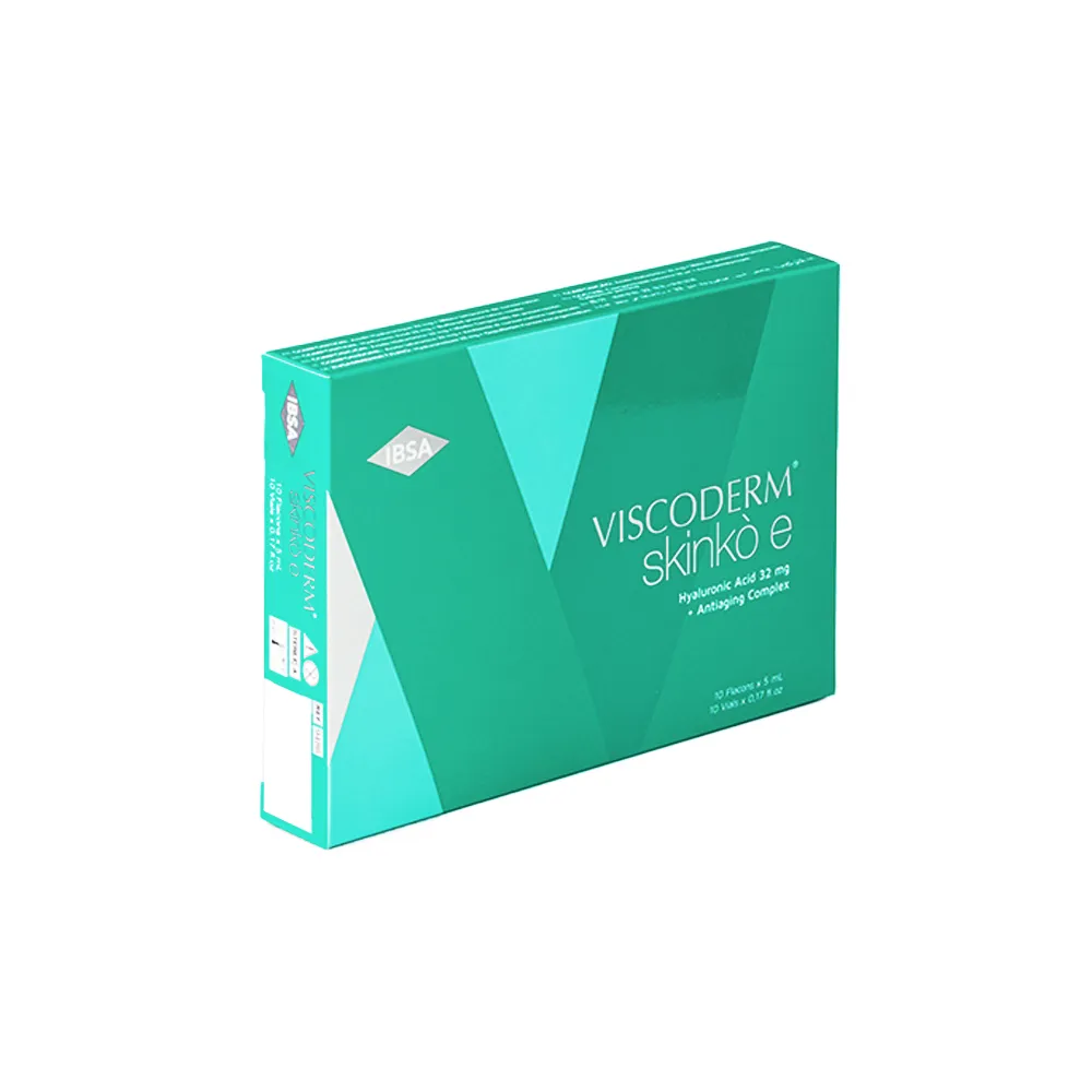 A teal and green box labeled "VISCODERM® SKINKÒ E + VISCODERM® SKINKÒ KIT" contains hyaluronic acid