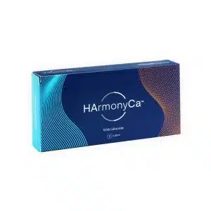 A blue rectangular box labeled "HArmonyCA™" in white text. The box features a wavy pattern with contrasting shades of blue and orange dots on the right side. The box contains a liquid substance, indicated by the "1 x 1.25 ml" notation at the bottom.