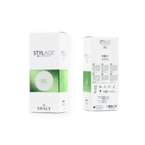 Image of two boxes of STYLAGE® XL BI-SOFT®, a cosmetic product by Vivacy. One box is shown from the front, displaying the product name and a green circle with "XL" in the center. The other box is shown from the back, detailing usage instructions and other information.