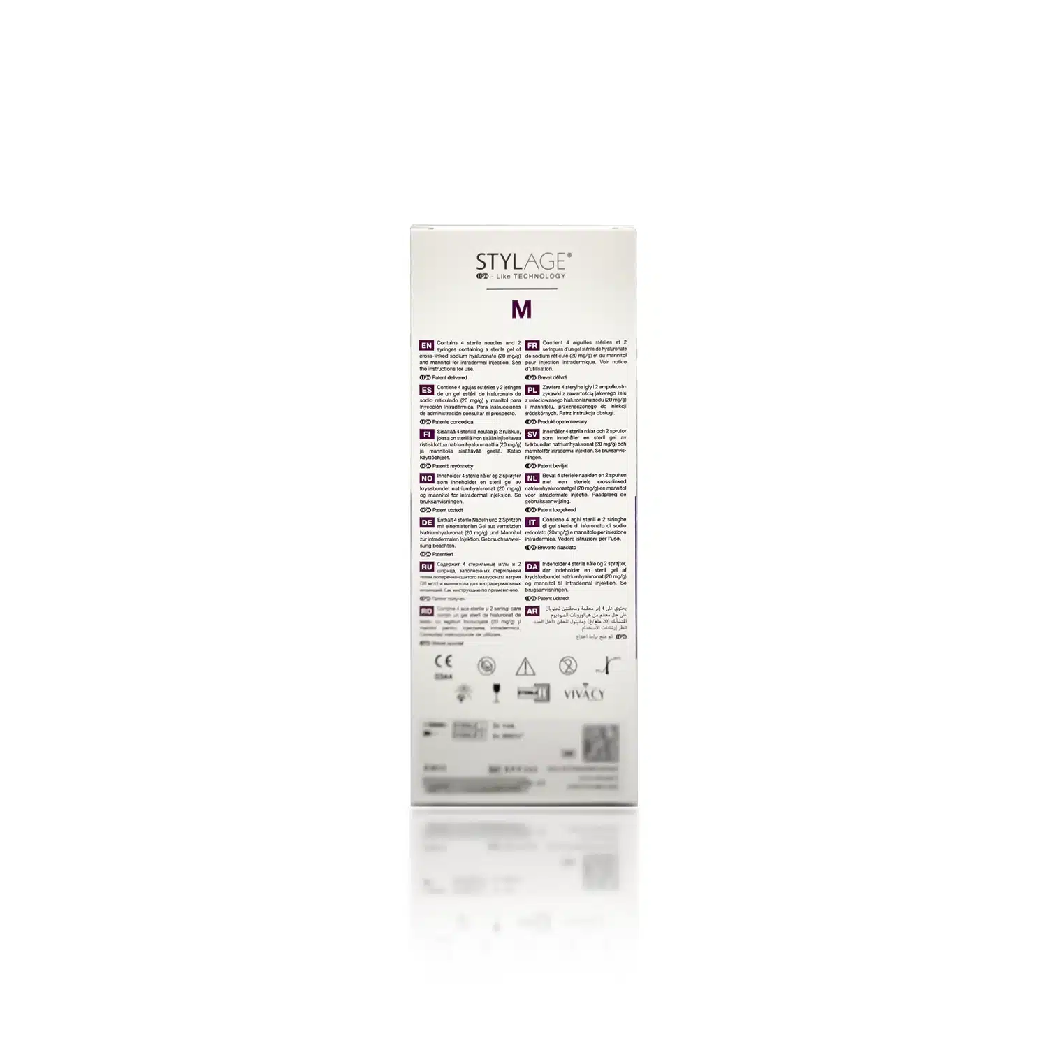 A white box labeled "STYLAGE® M BI-SOFT®" with printed text and symbols, detailing product