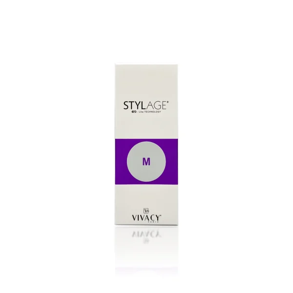 A box of STYLAGE® M BI-SOFT®, a cosmetic product from VIVACY, features a white and purple design. The packaging displays the product name at the top and a large "M" in a purple circle in the center. VIVACY's logo is at the bottom with the text "+ IPN-LIKE TECHNOLOGY" at the top.