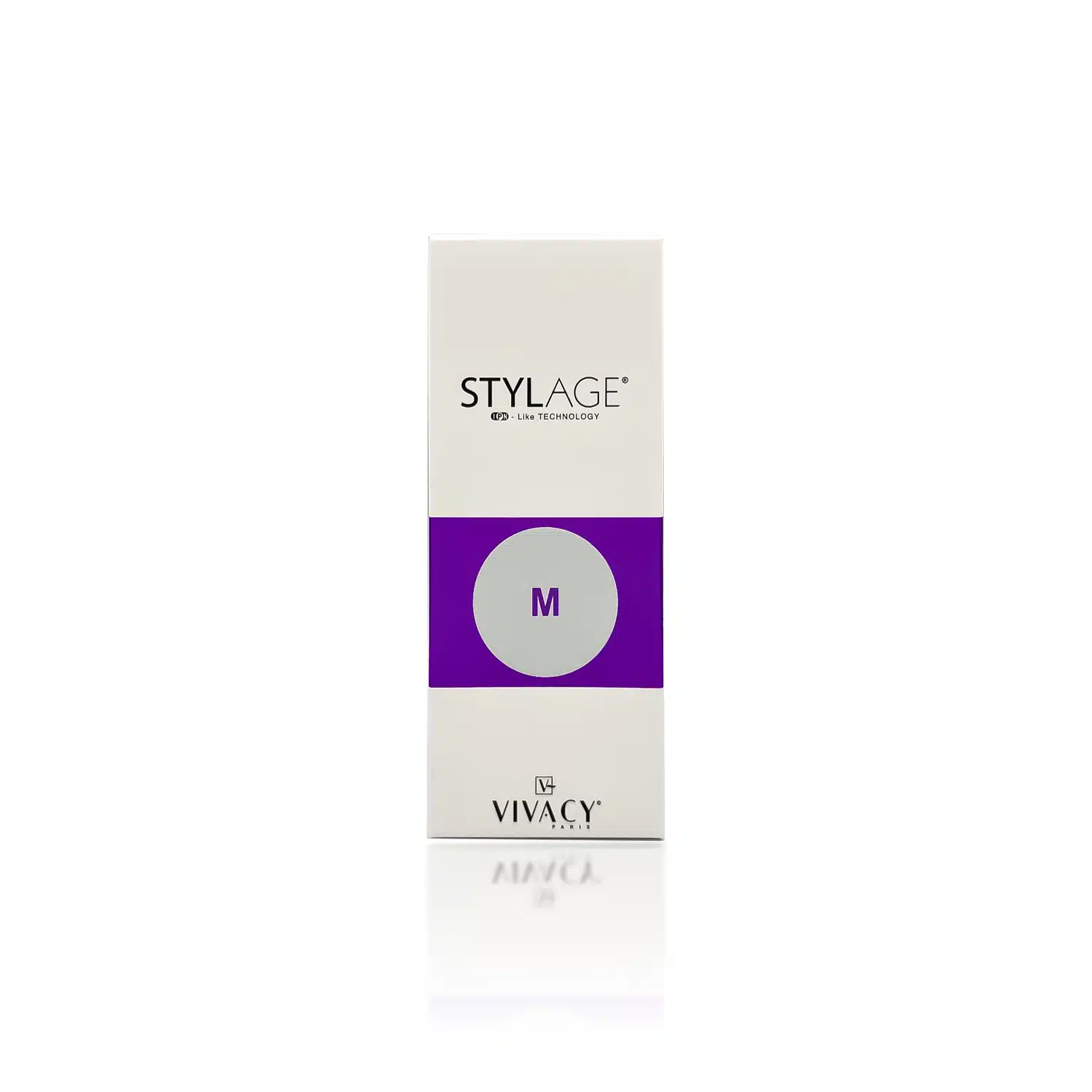 A box of STYLAGE® M BI-SOFT®, a cosmetic product from VIVACY, features a white and purple design. The packaging displays the product name at the top and a large "M" in a purple circle in the center. VIVACY's logo is at the bottom with the text "+ IPN-LIKE TECHNOLOGY" at the top.