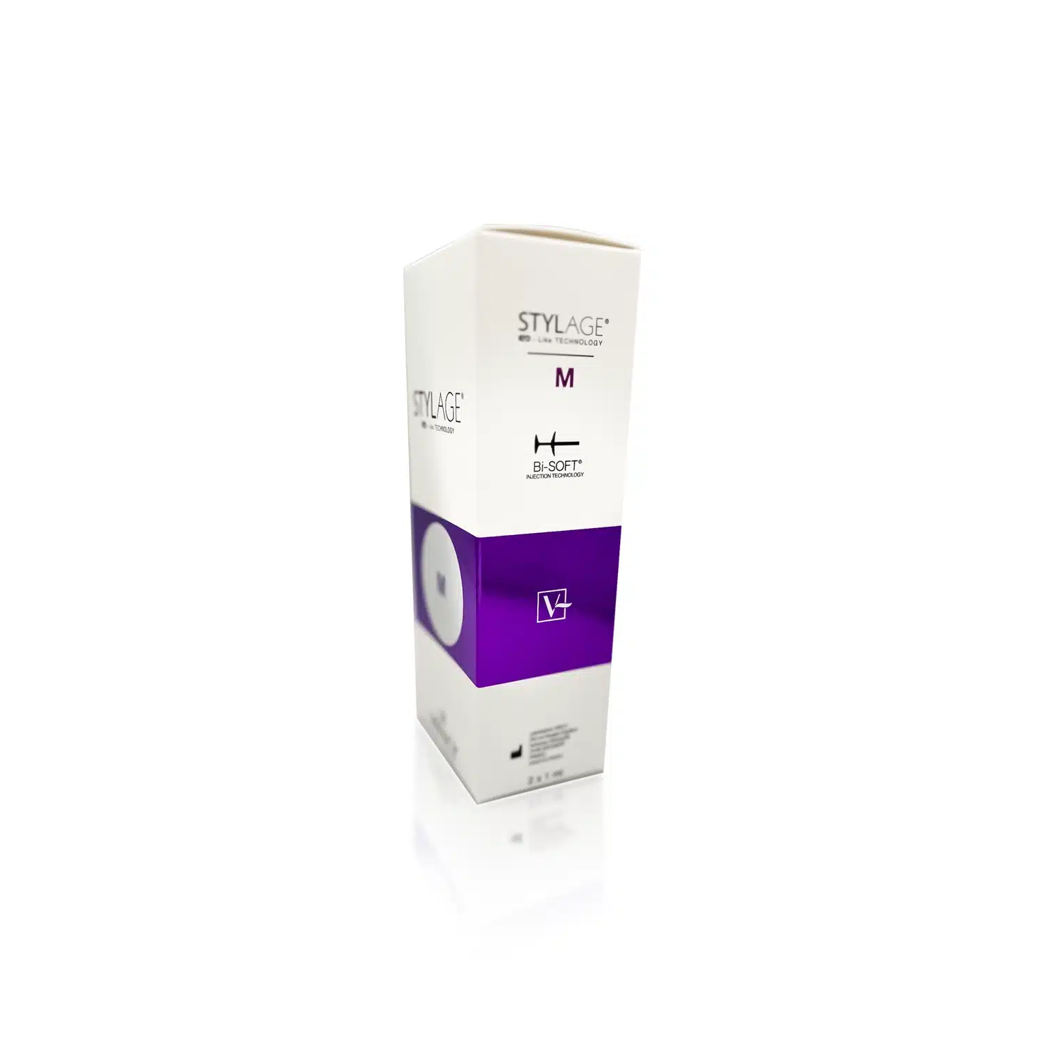 A white and purple box of STYLAGE® M BI-SOFT®, a cosmetic dermal filler product. The packaging