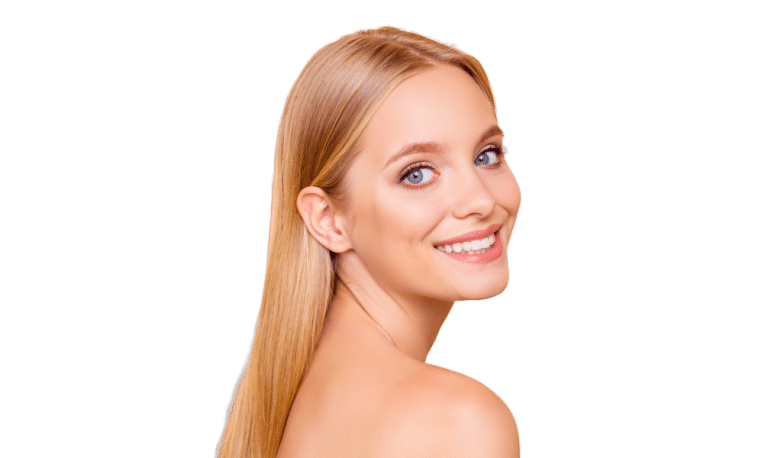 A smiling person with long, straight, blonde hair is looking back over their shoulder. They have a fair complexion and bright blue eyes. The background is transparent.