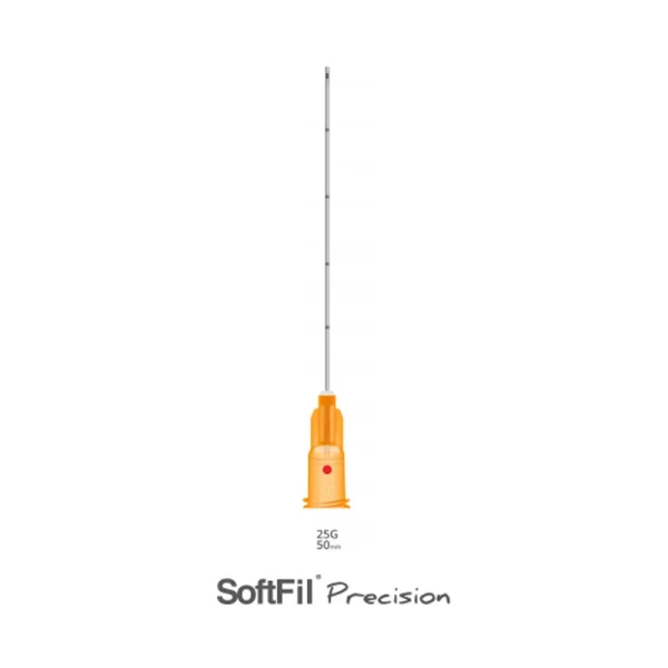 An image of a SOFTFIL® PRECISION Micro-Cannula with an orange handle and a thin, flexible needle. The text below reads "SOFTFIL® PRECISION Micro-Cannula 25G/50mm.