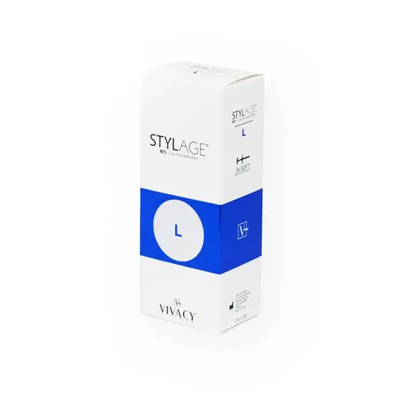 A white and blue box labeled "STYLAGE® L BI-SOFT®" by Vivacy, with text and symbols, stands upright against a plain white background.