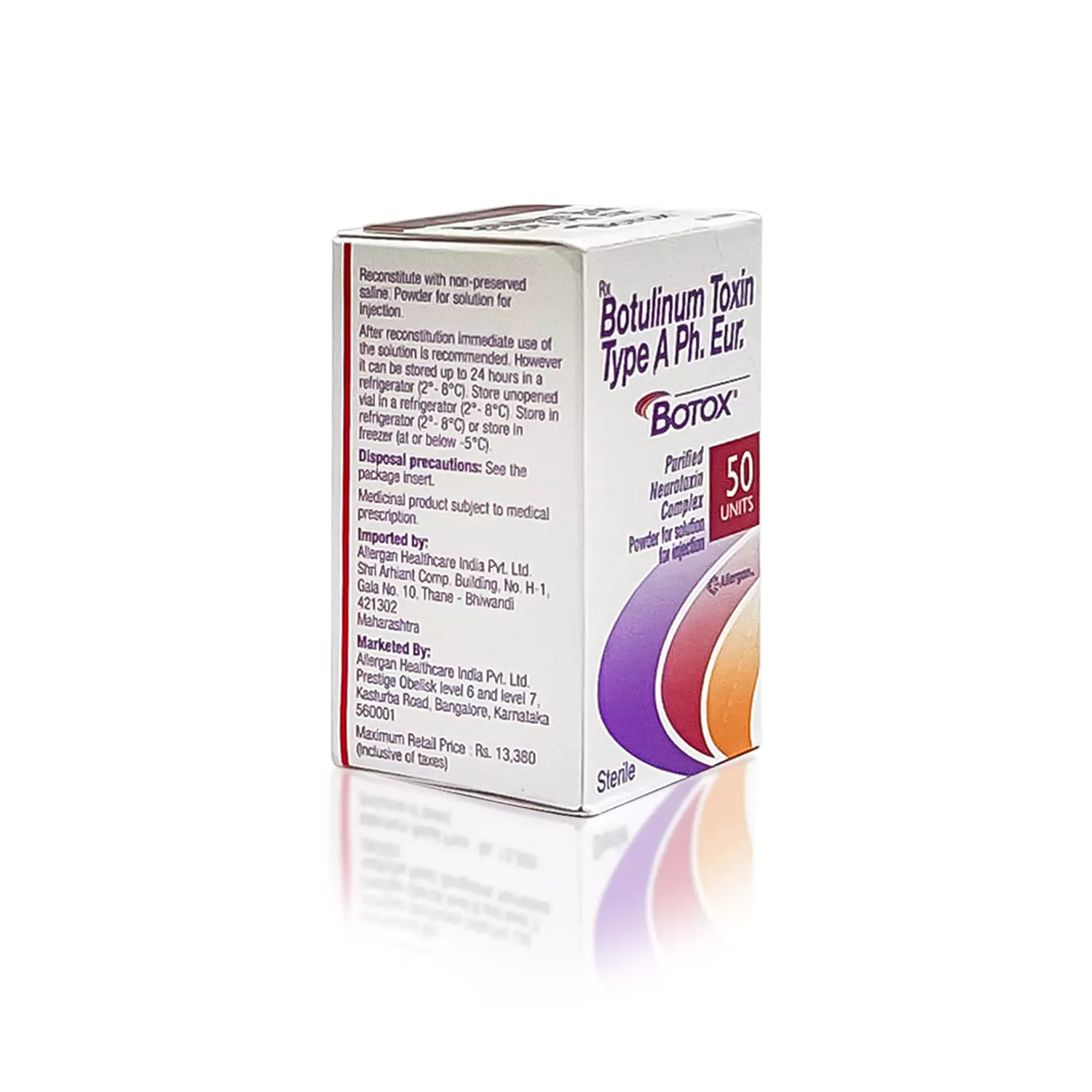 A white box with text and instructions for Botulinum Toxin Type A Ph. Eur. The box is labeled