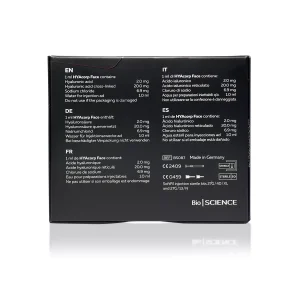 A HYACORP FACE® packaging box with text listing its contents in multiple languages including English, Italian, Spanish, German, and French. The box specifies the ingredients, predominantly hyaluronic acid, and some manufacturing information. The brand is "Bio Science.