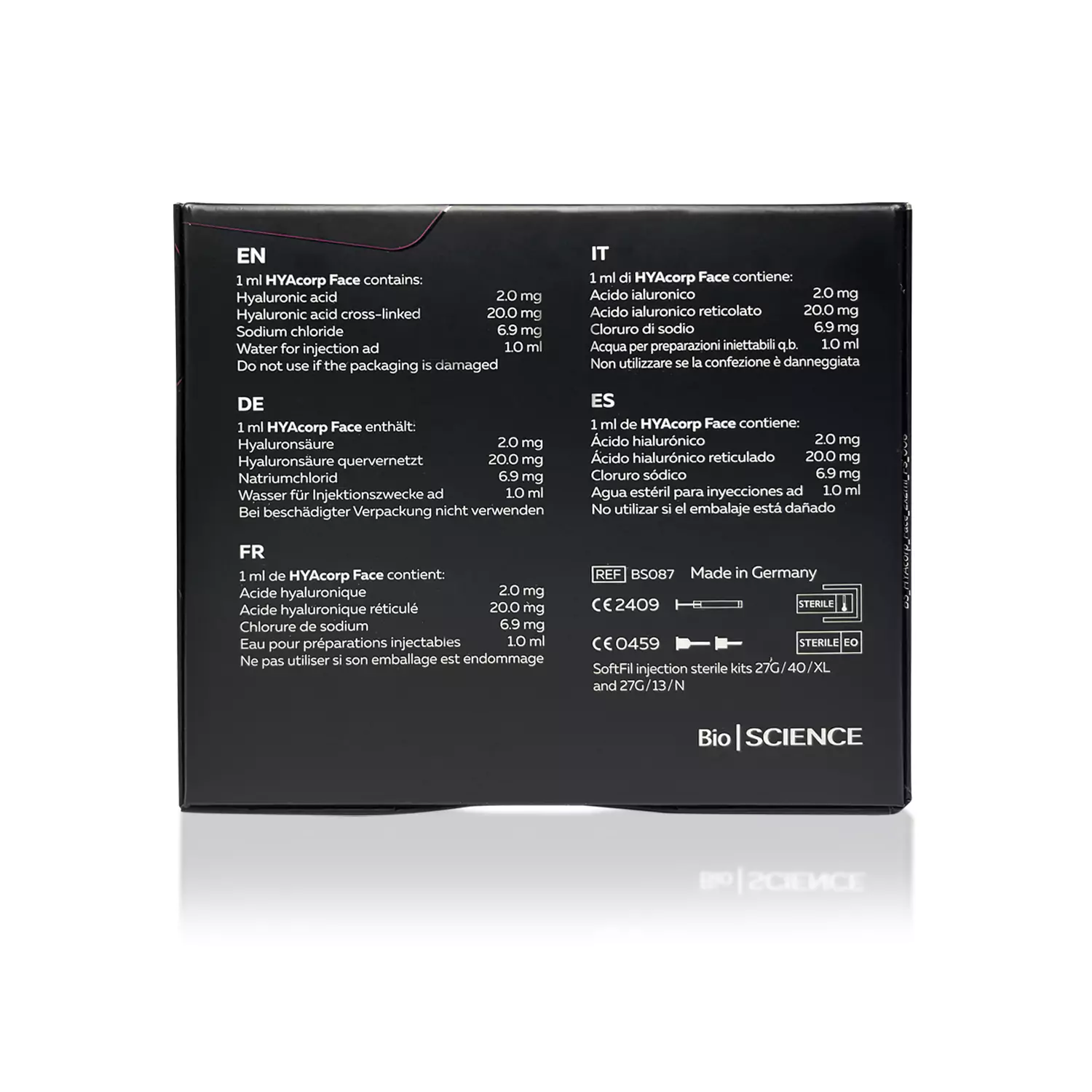 A HYACORP FACE® packaging box with text listing its contents in multiple languages including