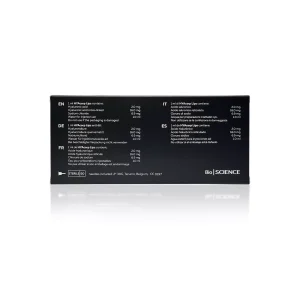 The image shows the back of a HYACORP LIPS® product box with text in multiple languages (English, German, French, Italian, and Spanish) listing the ingredients and dosages. The box is predominantly black with white text and a small logo at the bottom.