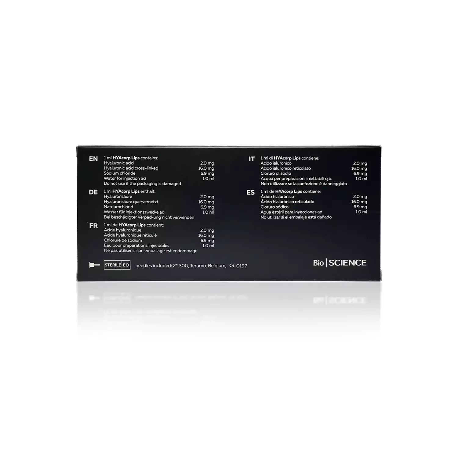The image shows the back of a HYACORP LIPS® product box with text in multiple languages (English