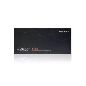 The image shows a black rectangular box with the brand "HYACORP LIPS®" in white and pink text. It has a sleek design with subtle pink geometric lines. The text indicates it is for the restoration of volume and contouring of the lips. The "Bio SCIENCE" logo is in the top right corner.