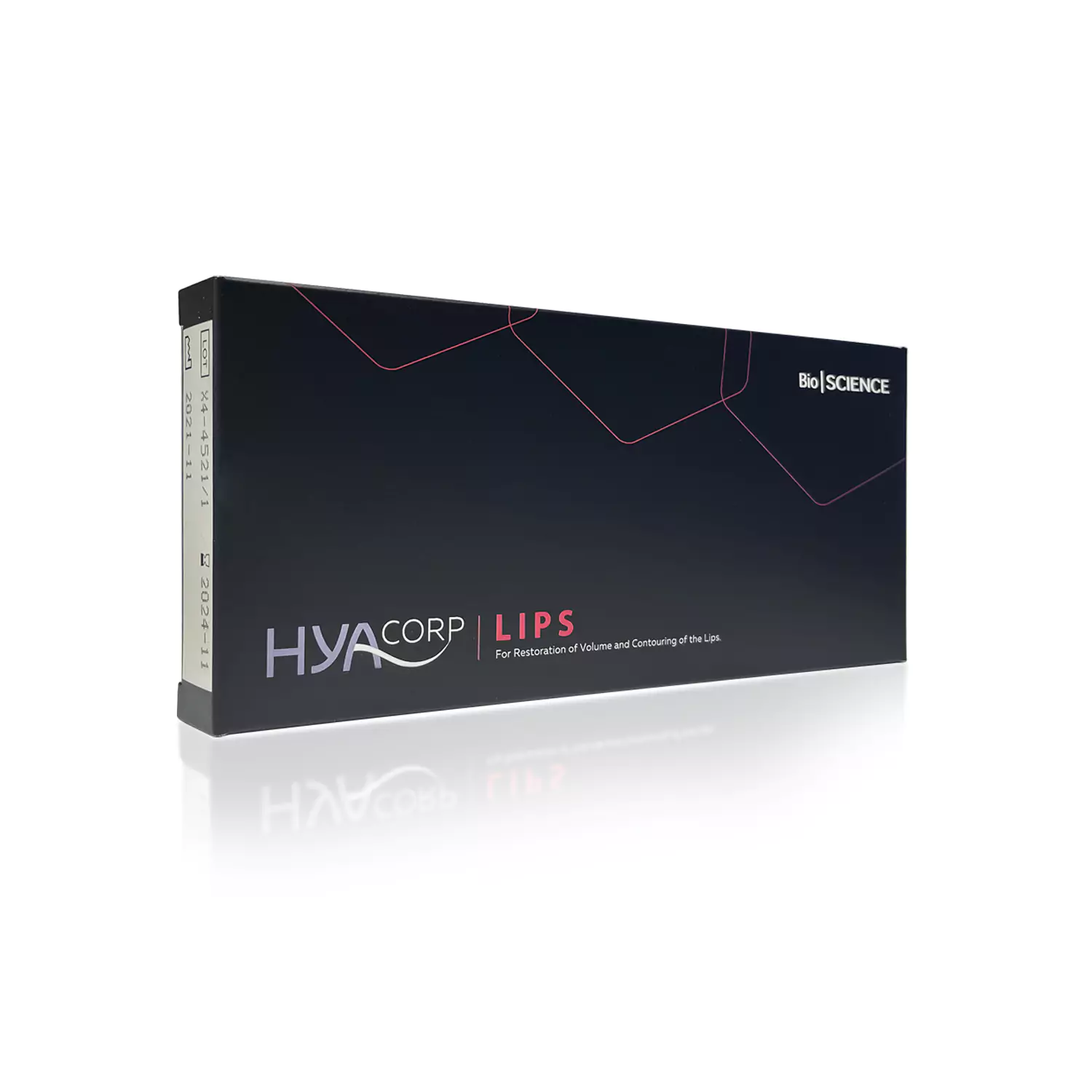 A black rectangular box with "HYACORP LIPS®" written on the front in white and pink text. The box